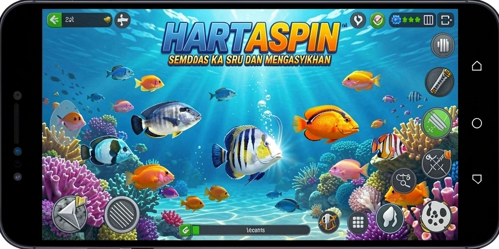 Screenshot gameplay HARTASPIN menampilkan momen seru saat menangkap ikan.