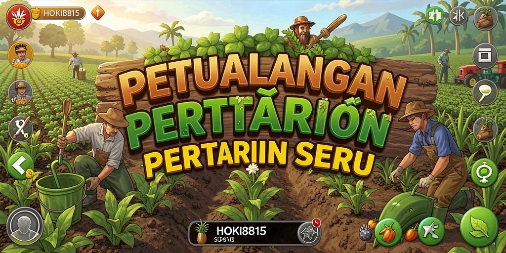 Screenshot HOKI8815 menampilkan kebun yang indah dan interaksi hewan ternak.