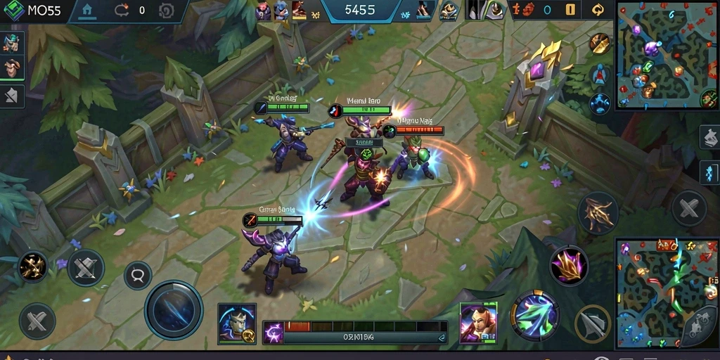Screenshot gameplay MPO555 dengan pertarungan seru di arena MOBA.