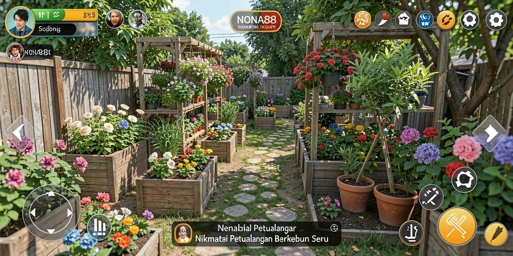 Tampilan gameplay NONA88 yang menampilkan suasana berkebun yang menyenangkan.