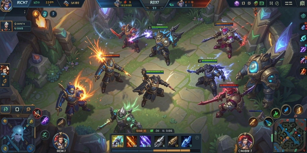 Tangkapan layar utama RICH7 menampilkan aksi seru gameplay MOBA.